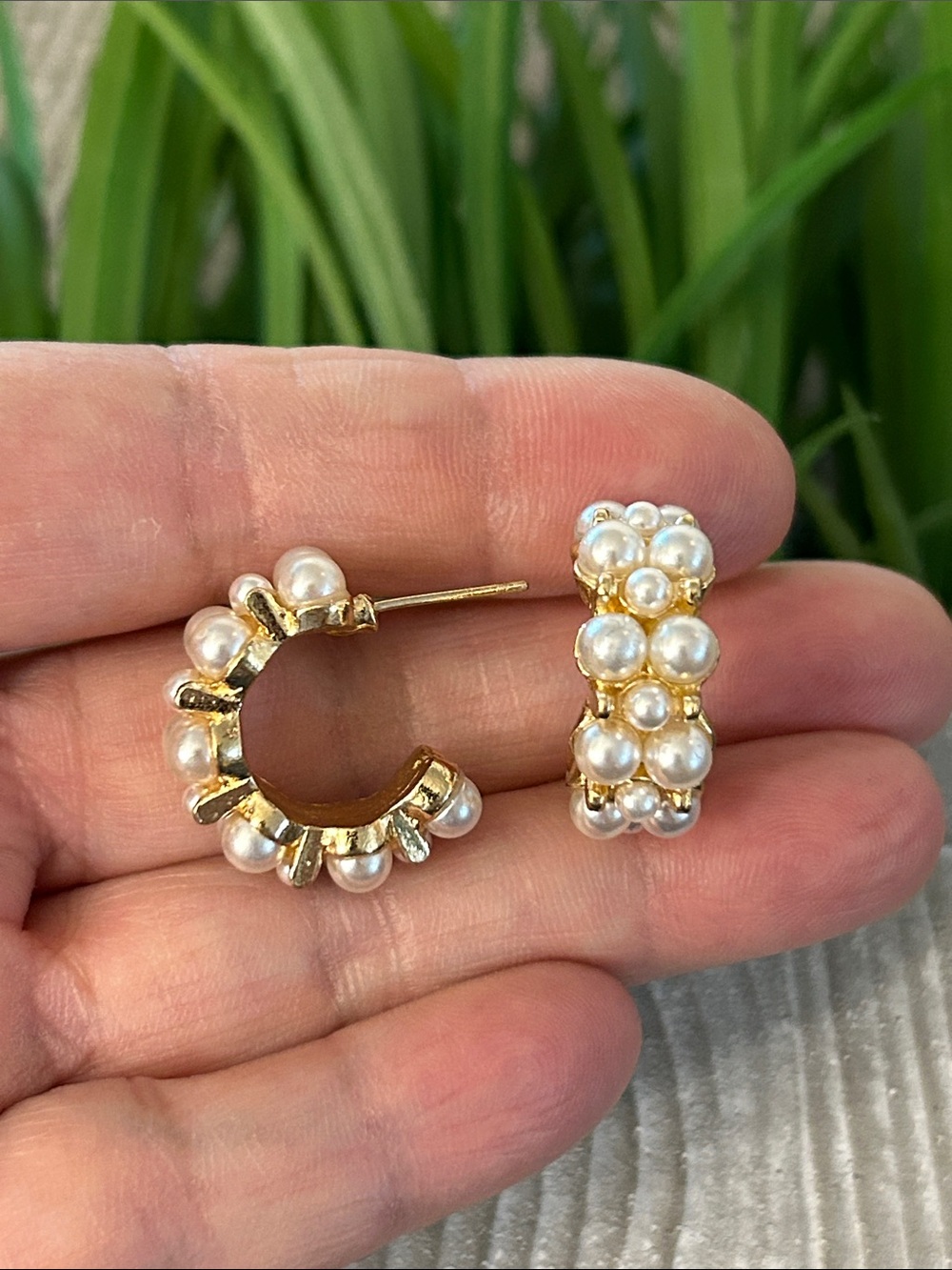 Gold Pearl Cluster post back Hoop Earrings - Women's Fashion Jewelry